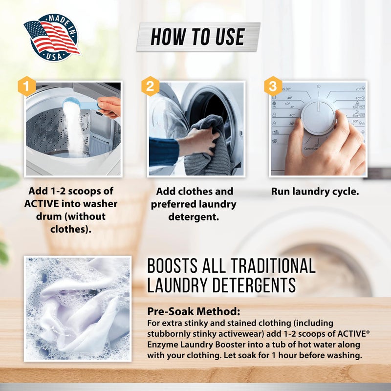 Active Enzyme Laundry Booster Odor Remover - 2 lbs Unscented Enzymatic Clothes Stain Cleaner Powder, Natural Deodorizer with Bio Active Enzymes, Detergent Additive Eliminator for Sweat, Oil, Blood - 64 Loads - Image 3
